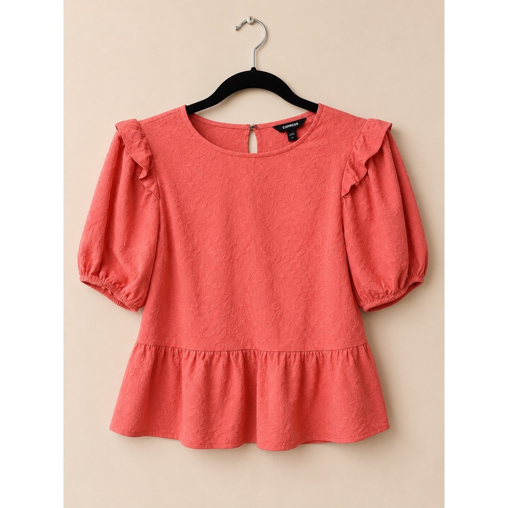 Express Coral Peplum Blouse Womens Medium Puff Sleeve Textured Top Career Casual